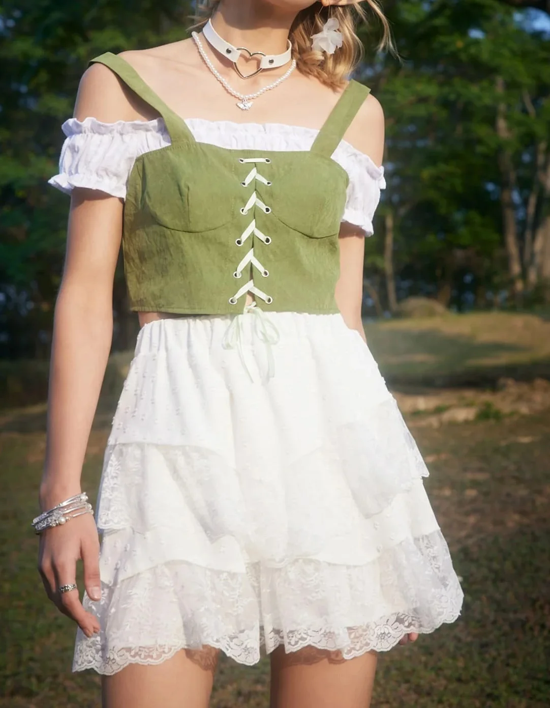 New Arrival White Contrast Lace Romantic Skirt Summer High Waist Good Quality Super Comfy Tiered Layer Short Skirt for Girls