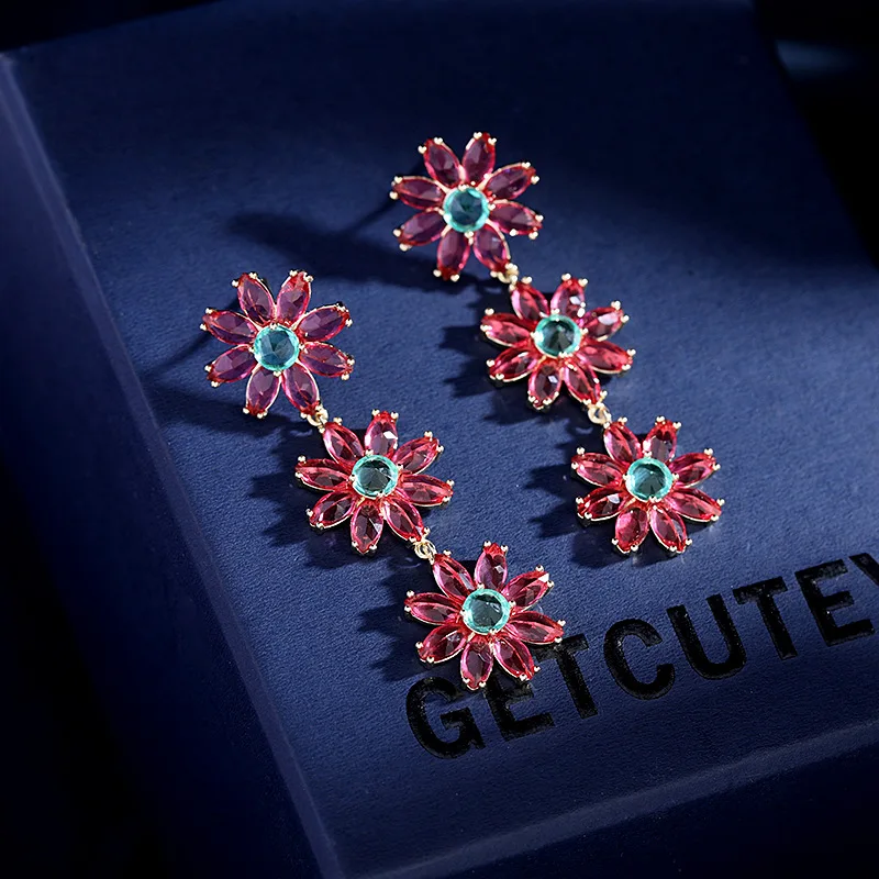Wholesale Women Elegant Light Luxury Diamond Zircon Rose Red Flower Long Drop Earrings