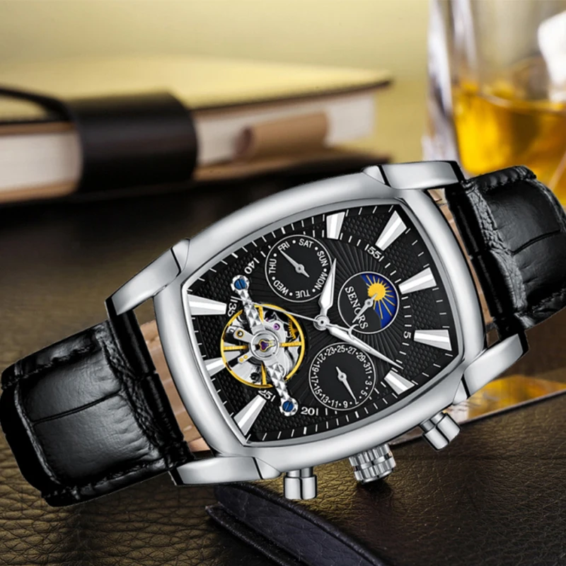 Fashion Gift Automatic Expensive Watches Genuine Leather strap Wristwatches For Men