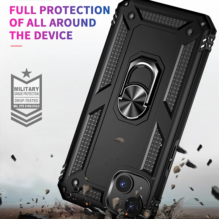 Military protect shockproof anti-scratch mobile phone case for iPhone 14 Pro Max rotating ring kickstand car back cover