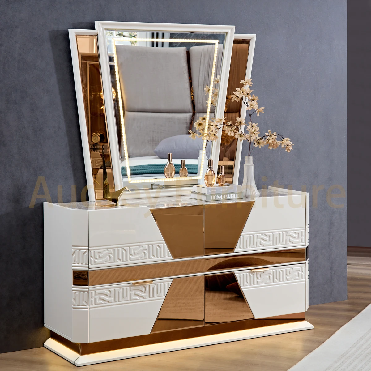 GC Modern Bedroom Luxury High-capacity Dressing Table Bedroom Furniture With Sliding Mirror