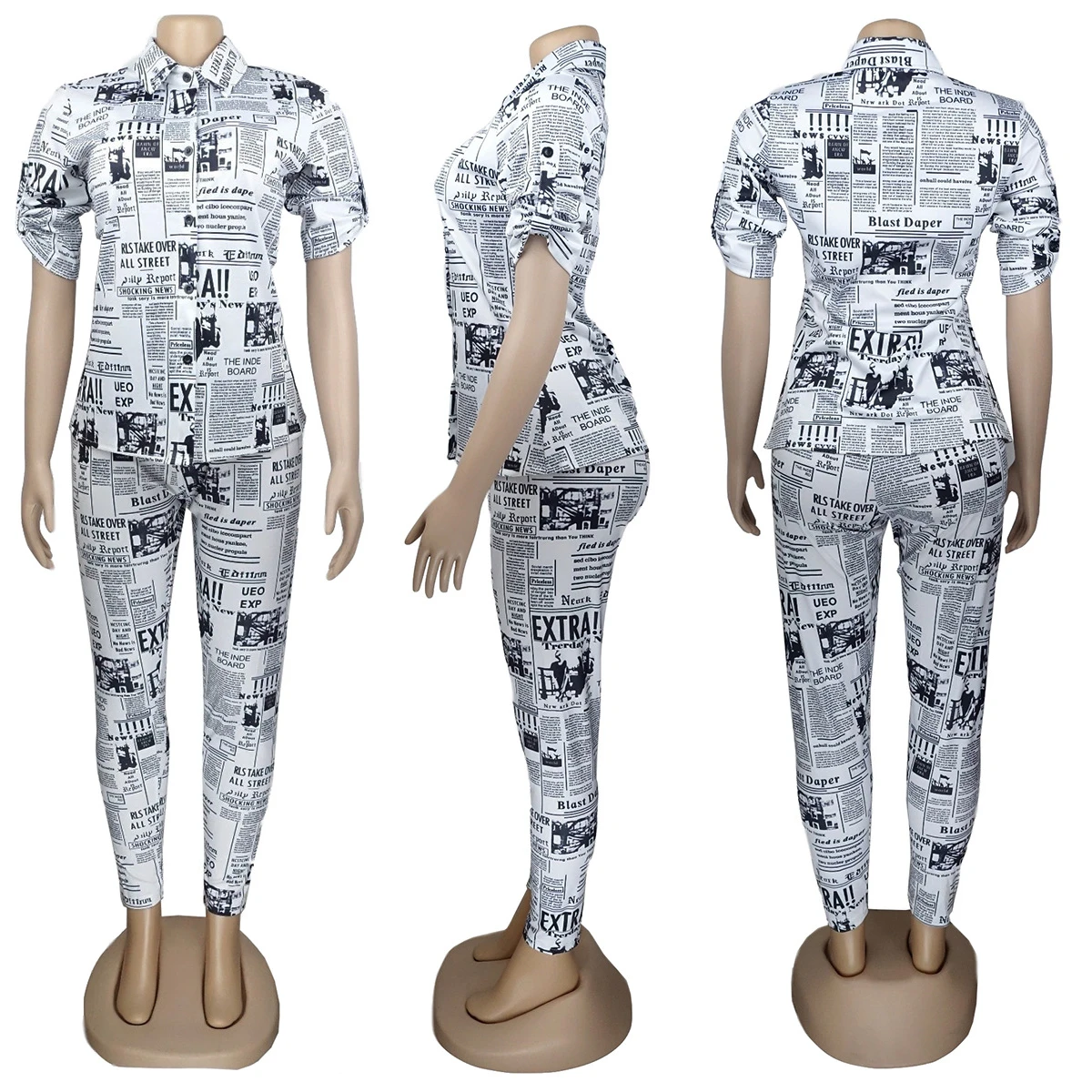 J9689 2021 New fall women clothes comfortable long sleeves newspaper printing two pieces set