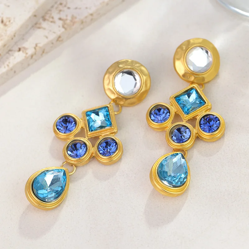 French Retro Palace Style Personality Exaggerated Style Diamond Inlaid Square Water Drop Silver Needle Earrings Gorgeous Shine