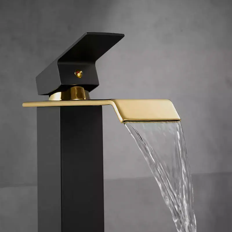 Luxury black and golden basin faucet modern deck mounted waterfall bathroom mixer faucet
