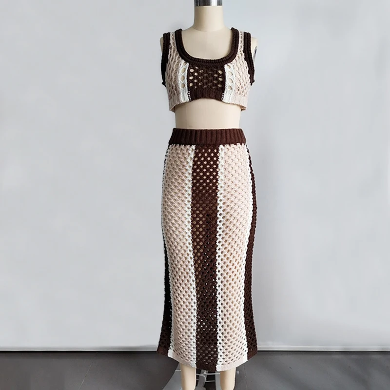 Factory Two Piece Set Women Clothing Hollow Out Skirts Sets For Women Sleeveless Knit Women 2 Pieces Sets
