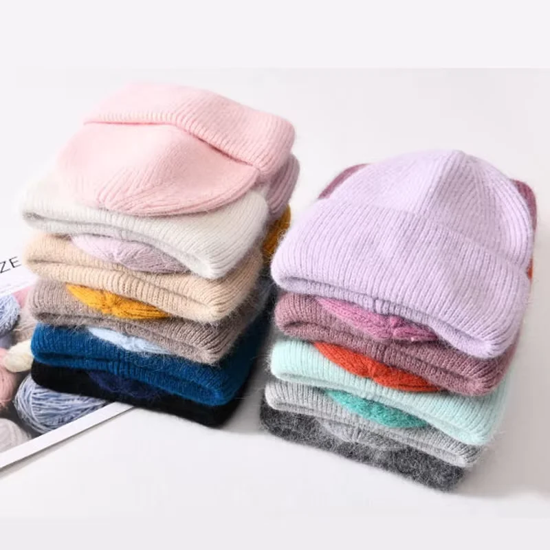 New Winter Real Rabbit Fur Angora Knitted Beanies Solid Warm Cashmere Wool Skullies Beanies Hat