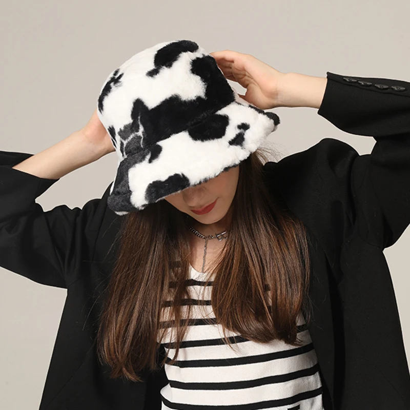 Wholesale Custom Cow Pattern Fuzzy Warm Fisherman Hat Winter Thickened Faux Rabbit Wool Fluffy Plush Bucket Hat