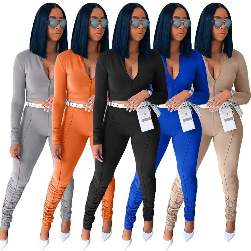 Wholesale women s track suits custom logo fall stacked joggers long sleeve sweat suits sets 2021