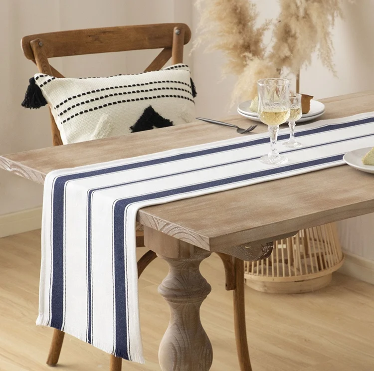 
Wholesale Modern Cotton Stripe Table Runner for Home Decoration Runners with Fringe Table Decor All-season Embroidered ZQ001353 