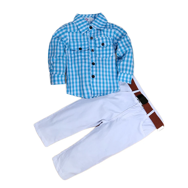 wholesale children clothes blue plaid boys shirt white pants two pieces boys wear kids clothing sets
