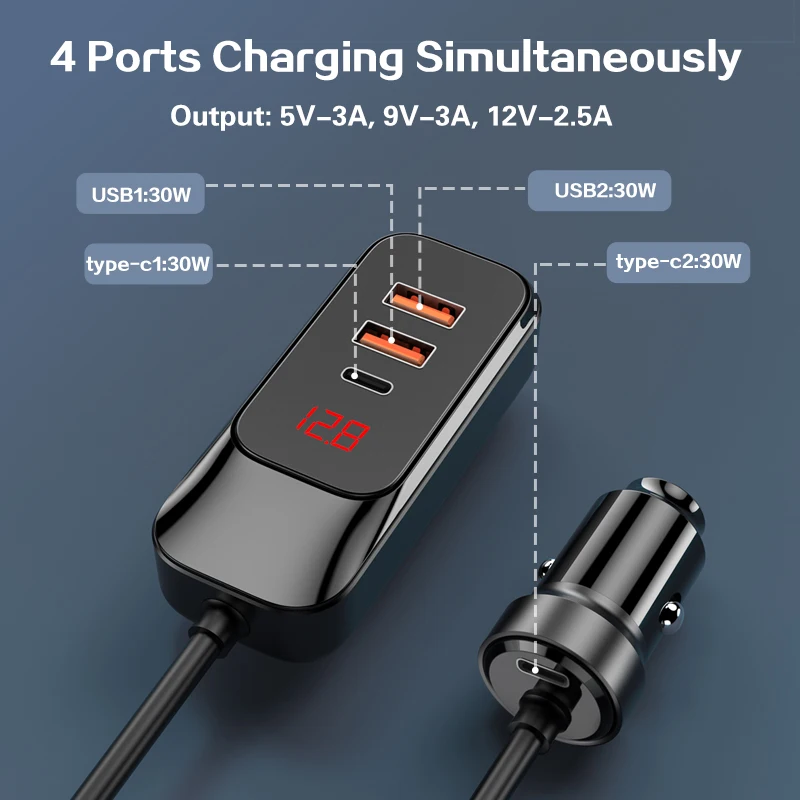 Multi USB Port PD 3.0 120W Car Charger Extension Cord 1.5M Cable For iPhone Rear Back Seat Clip Vehicle Quick 30W Car Adapter