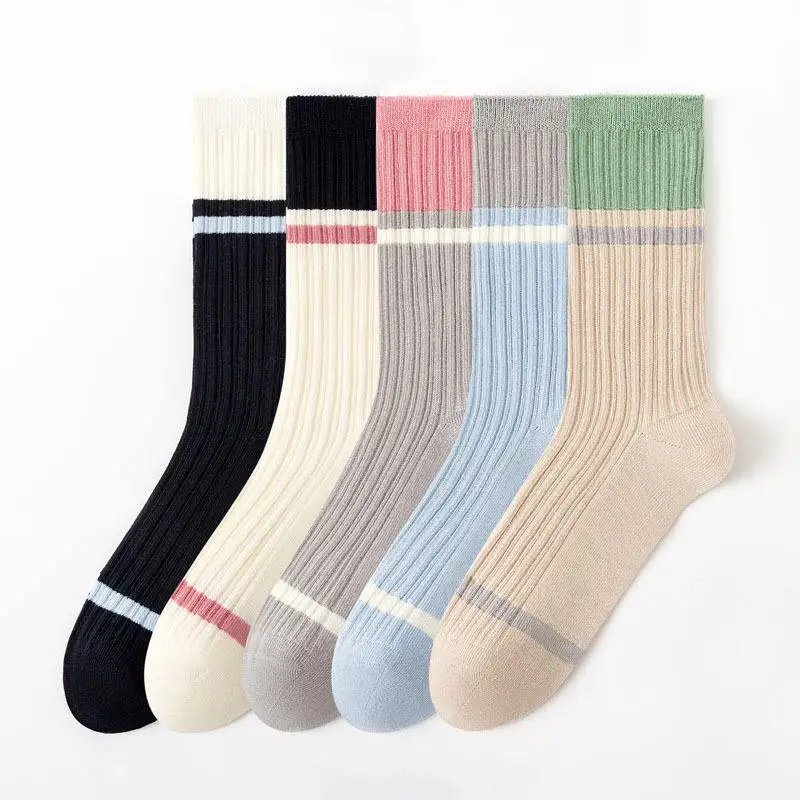 2025 New Korean Fashion Contrast Color Pink Green Cuff Black White Beige Blue Grey Sweat Absorbent Ribbed Striped Cotton Socks