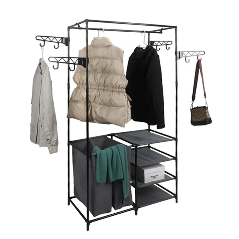 
Rugged steel frame hanger modular wardrobe organizer system storage unit with collapsible storage drawers 
