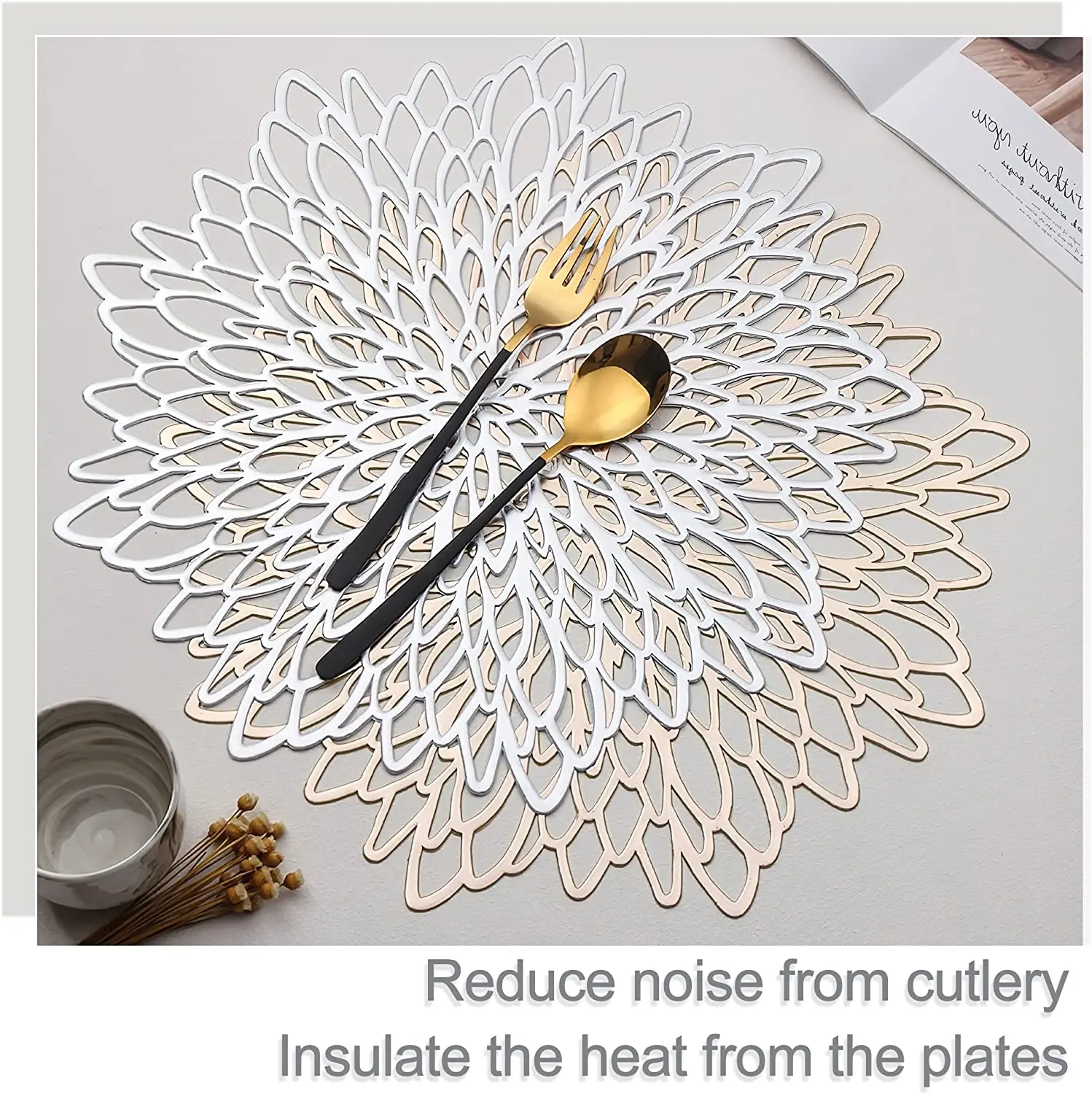 Tabletex wholesale custom cheap pvc dining table woven charger pressed metallic round gold sliver vinyl placemats for wedding