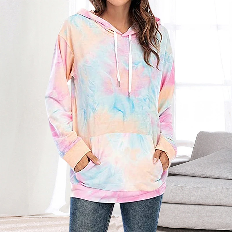 
Women Fashion Printed Tie-Dye Pocket Hooded Loose Sweatshirt women printed long sleeve sweater 2021 hot sell 
