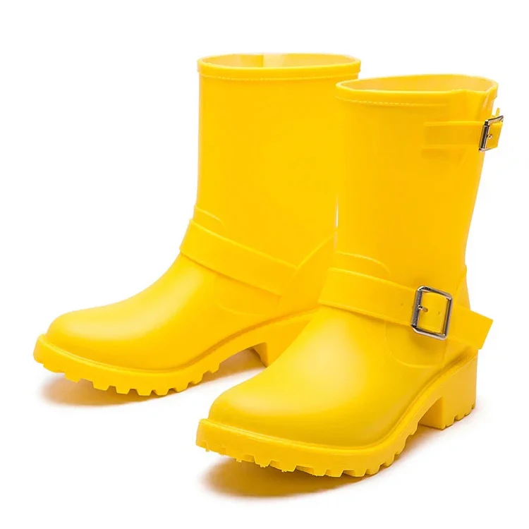 Fashion Buckle Anti Slip Ladies Short Wellies Wellington Boots Womens Waterproof Rubber