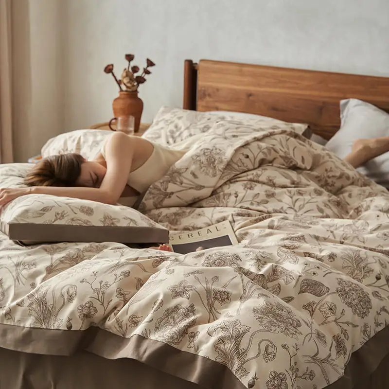 High-end thickened ground wool, winter four-piece cotton bed sheet set American retro style autumn and winter Seasonal bedding