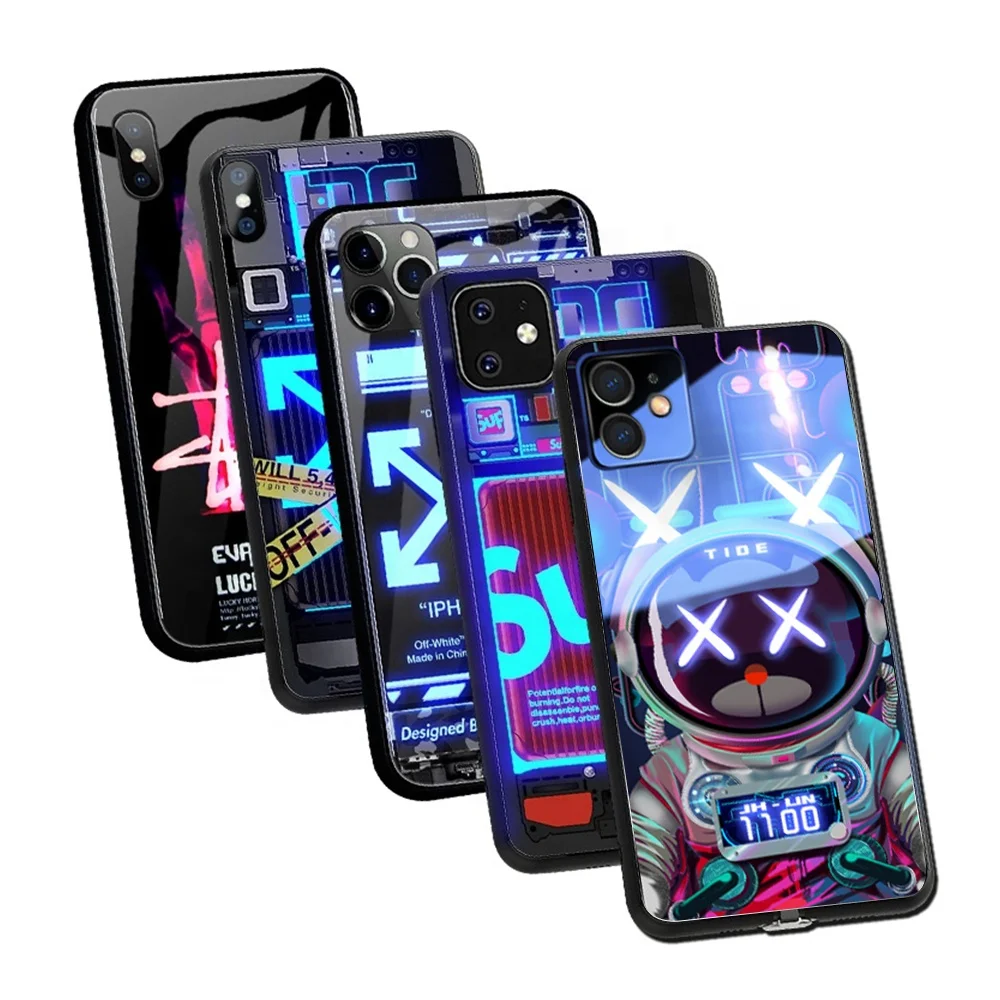 
led light up cute luxury brand designer fashion custom logo glass cell phone cover for iphone case xr xs 11 12 pro max 