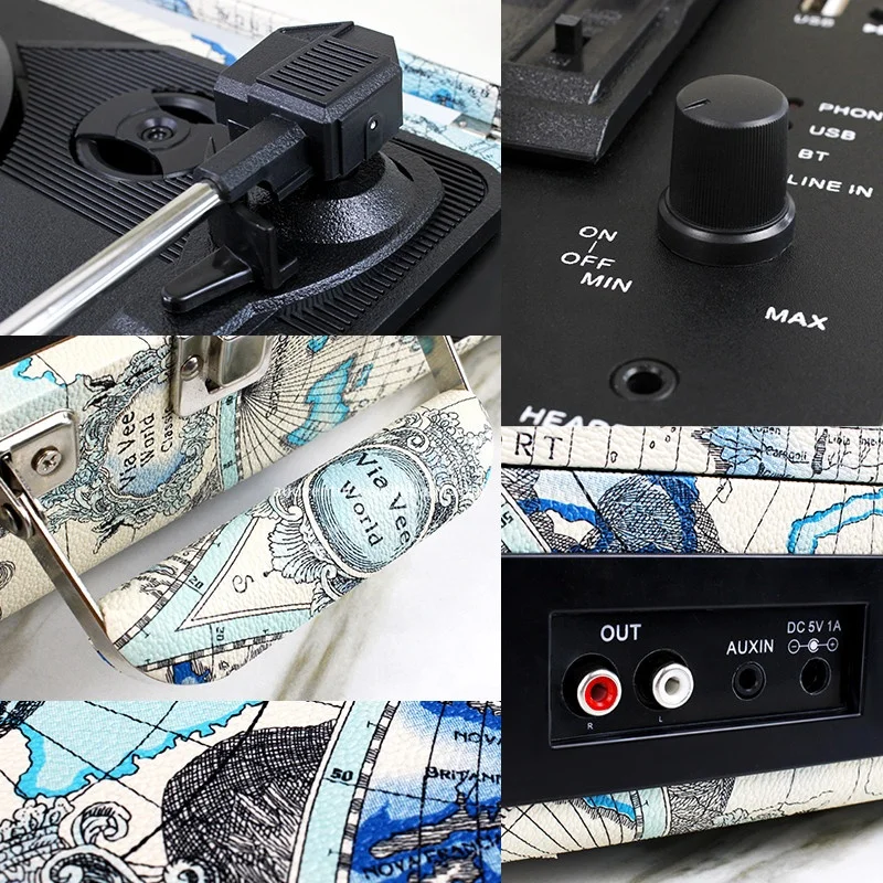 modern MAP outer design portable blue tooth USB functional gramophone record player speaker