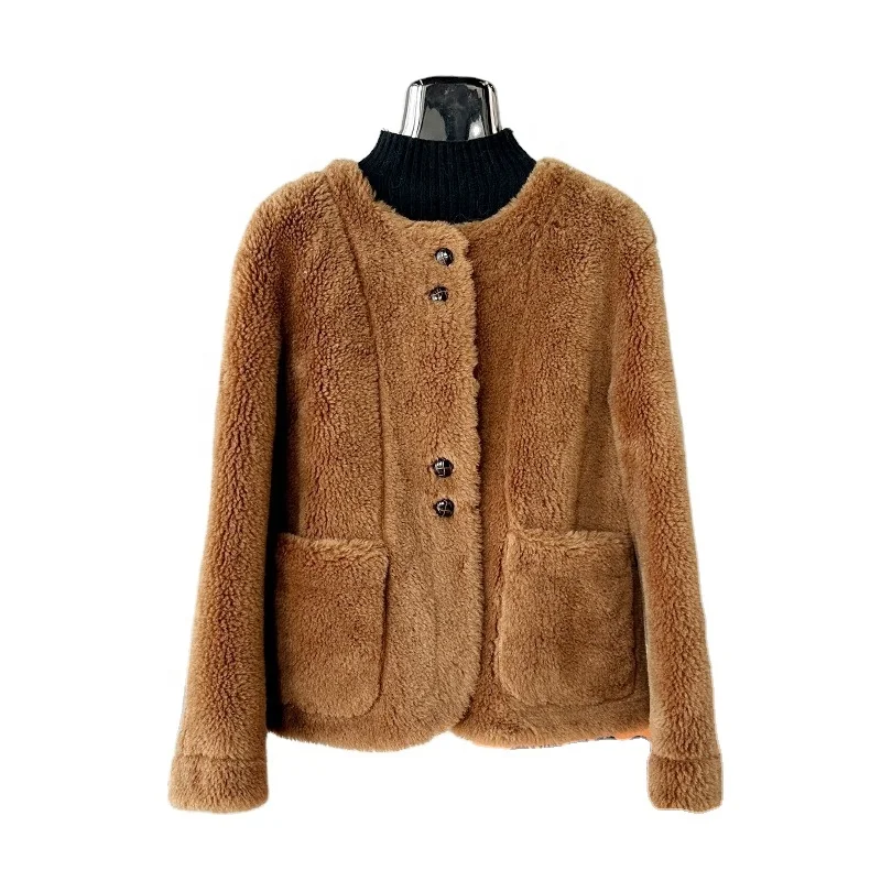 Female Pellet Sheep Shearling Winter Jacket Lady Girl Short Lamb Hair Fur Warm Casual Round Neck Coat Parka JT456