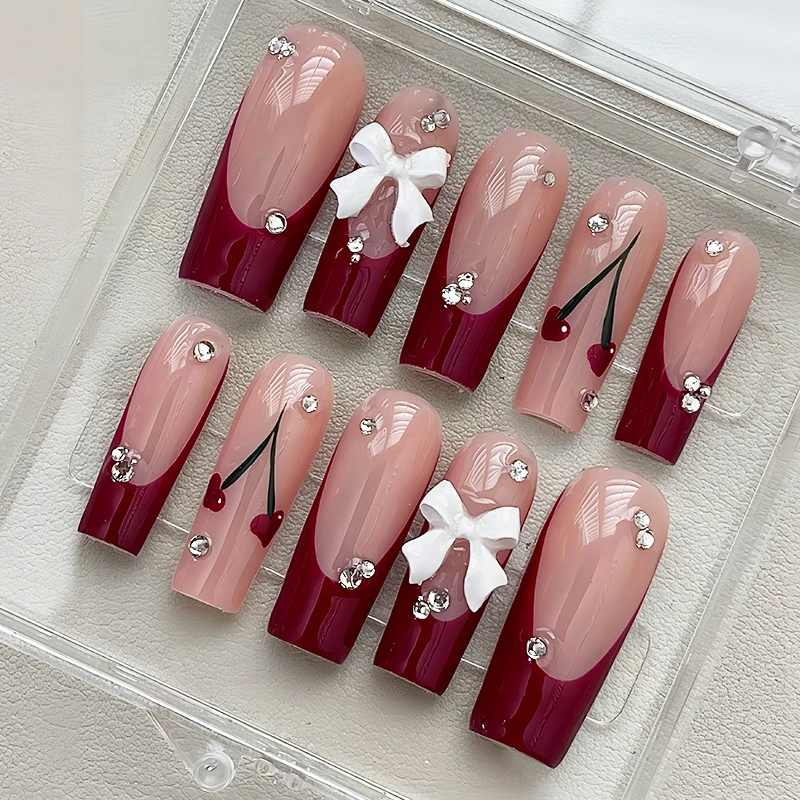 Bling Rhinestone Handmade False Custom Logo Red Acrylic Press On Nails Medium Length
