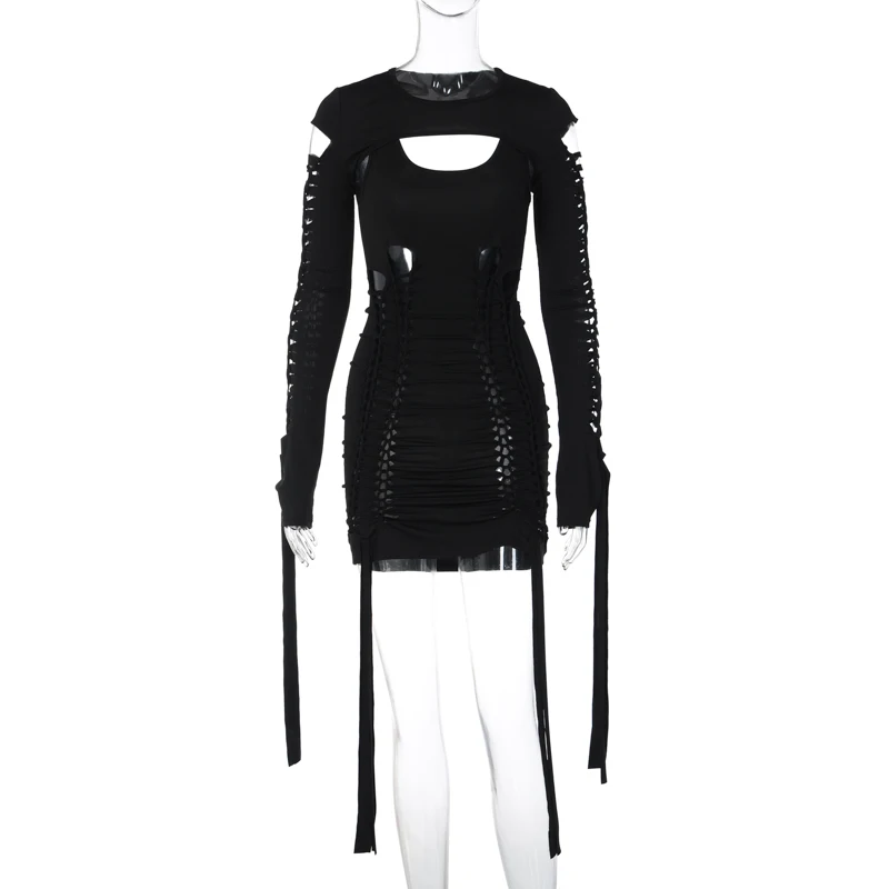 Fashion sexy two pieces dress set with tie up hollow out mini sleeveless dress and long-sleeve crop top