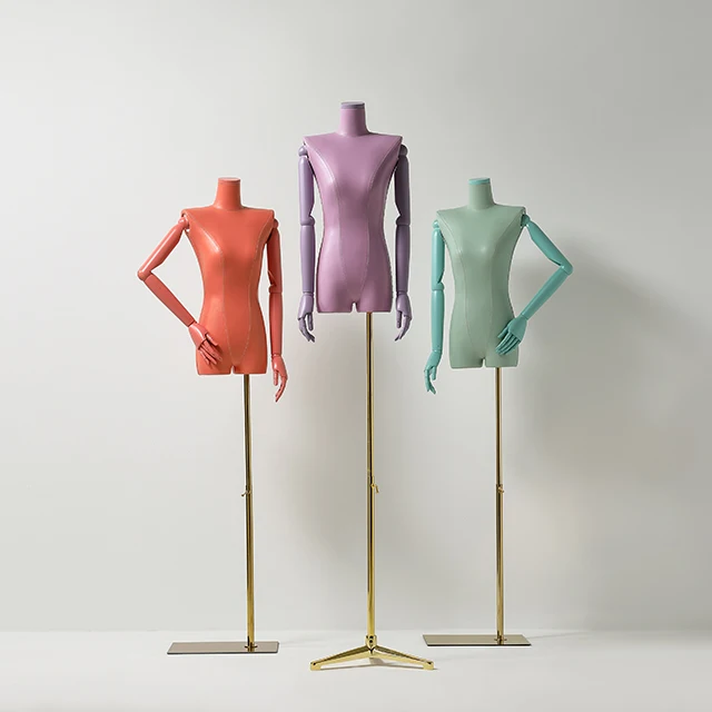 High Quality Headless Female Mannequin Colorful PU Leather Female Mannequin Torso Adjustable Wooden Arm