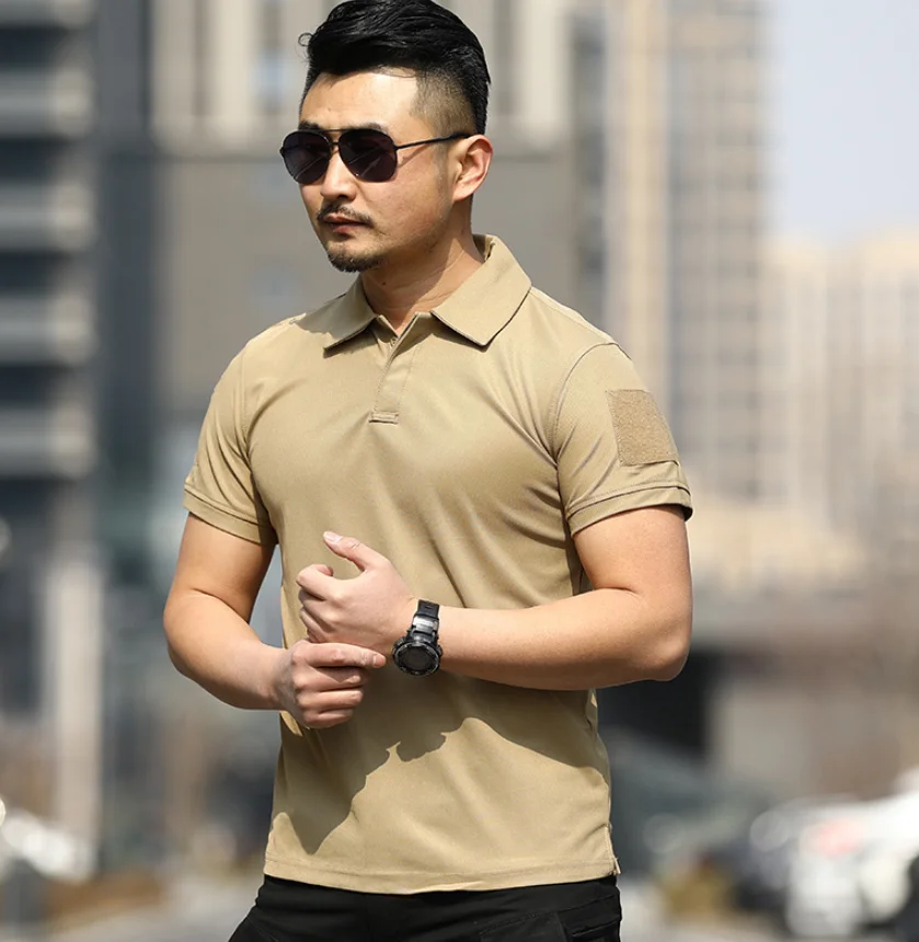 DFT0301  stock promotion Polo T shirts short sleeves with pocket on arm and magric sticky sign address