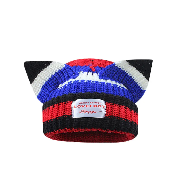 Wholesale Cute Pig Ears Patchwork Knitted Hat Unisex Clashing Colors Applique Winter Knitted Warm  Beanie Hat