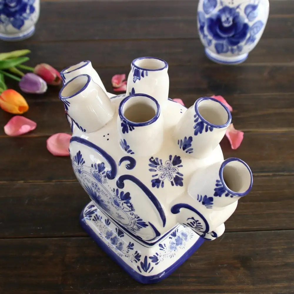 
Vintage Seven Finger Delft Tulip Vase Hand Painted Blue and White Beautiful Cond 