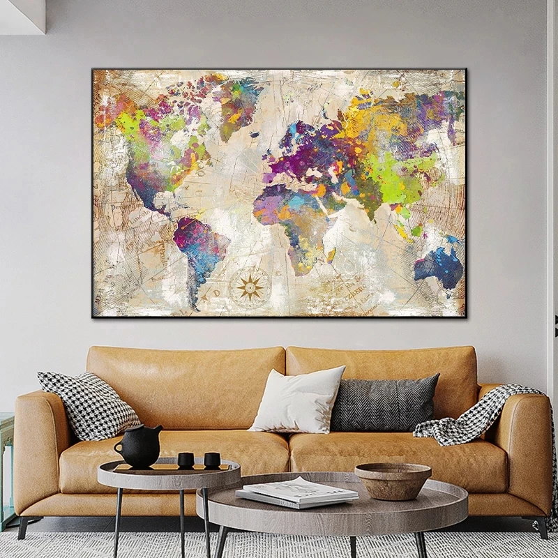 Abstract Colorful World Map Canvas Painting Wall Art Posters Home Decor Cuadros Custom Art Printing