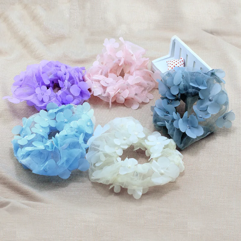 wholesale fashion butterfly elastic hair tie custom organza lace fabric hair scrunchies