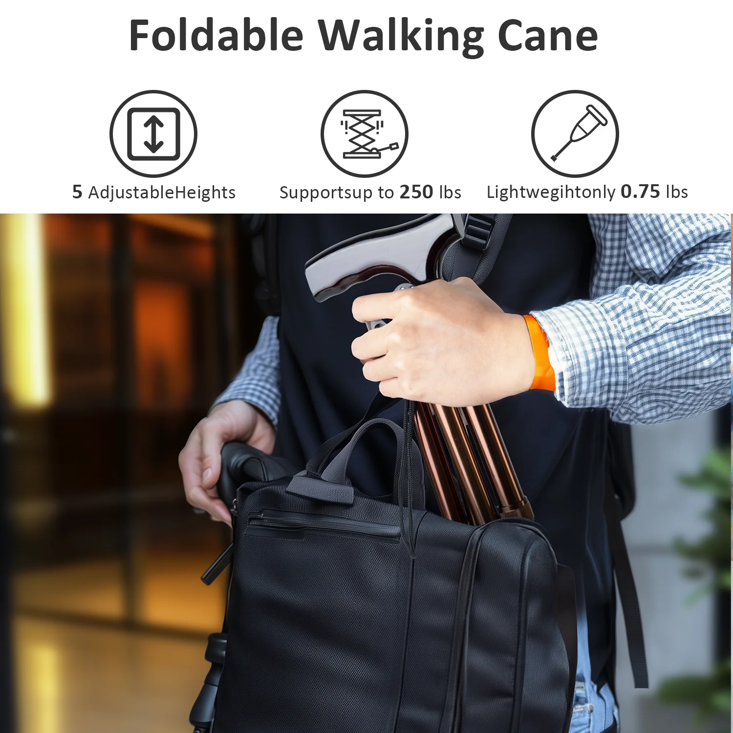 Adjustable Height Folding Cane for Men and Women Wood and Cork Handle with Anti-Slip Rubber Tip Wrist Strap Walking Stick