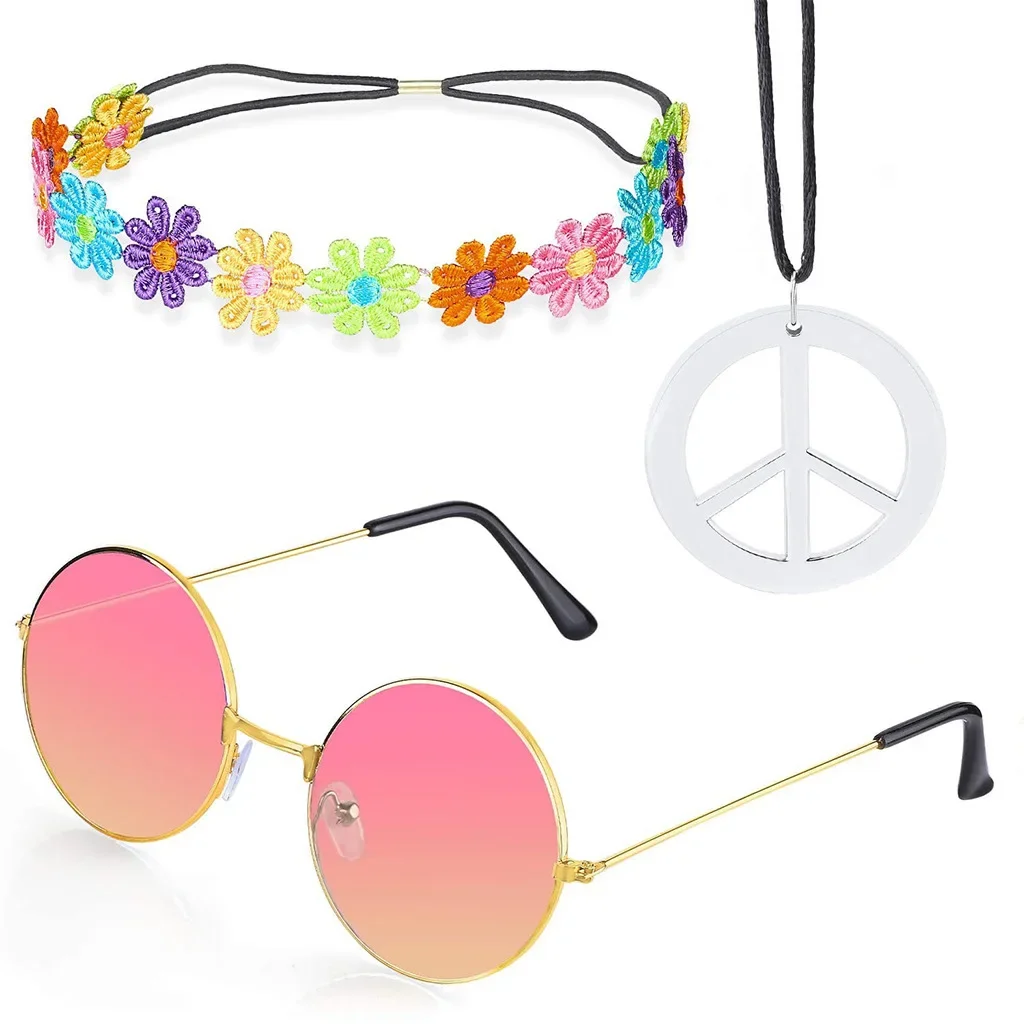 Hippie Accessories Costume,70s Hippie Rainbow Leopard Outfit,Hippie Headbands for Men Peace Sign Necklace Sunglasses