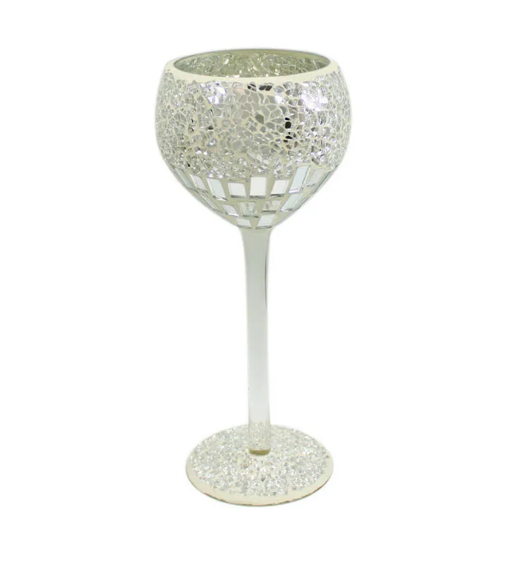Silvery Mosaic Crackle Mirrored Glass Goblet Candle Holder