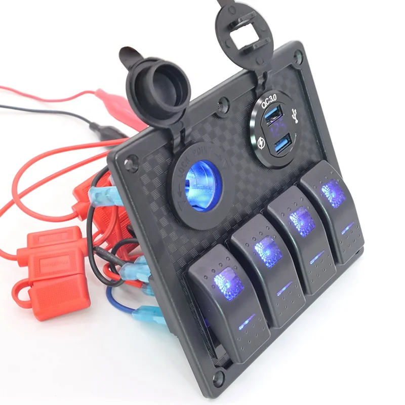 Best Product Amazon 2024 Waterproof 12V Dual USB Car Charger Volt meter Power Socket 4 Gang Marine Rocker Switch Panel