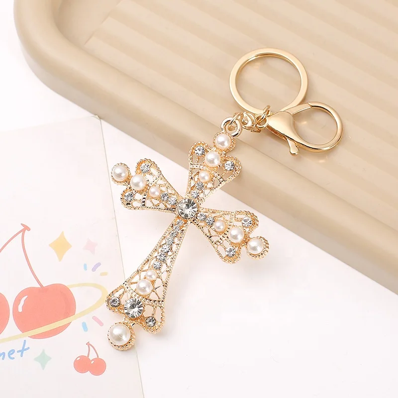 New Personalised Full Diamond Cross Shape Car Keychain Pendant