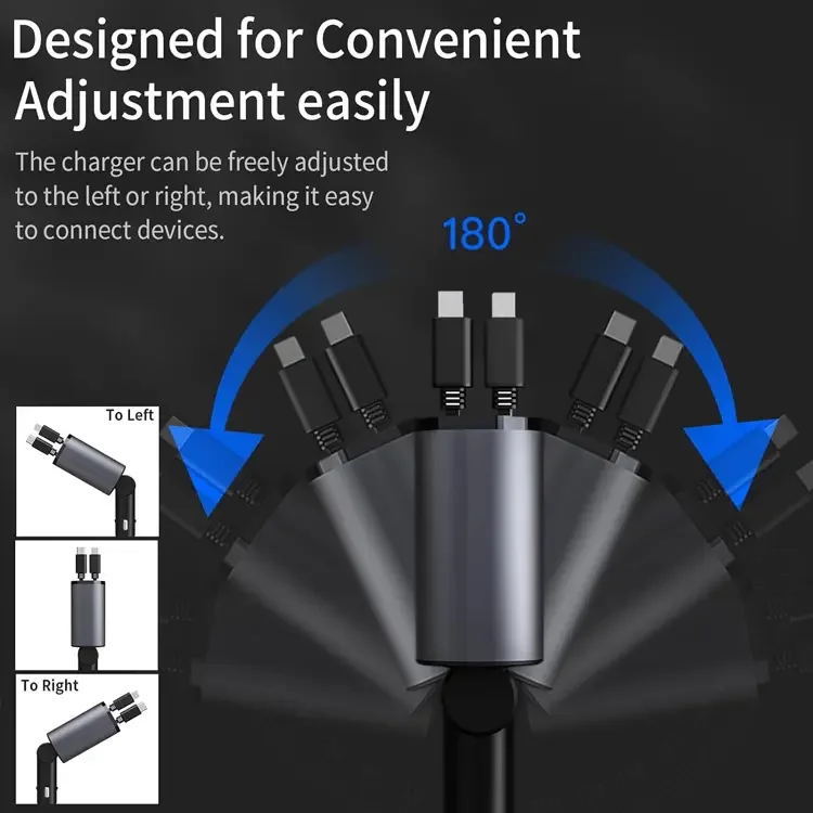 Оптовая продажа 4 в 1 USB-C светодиодный выдвижной кабель 120 Вт Type C IOS PD27W быстрое автомобильное зарядное устройство адаптер для IPhone Android