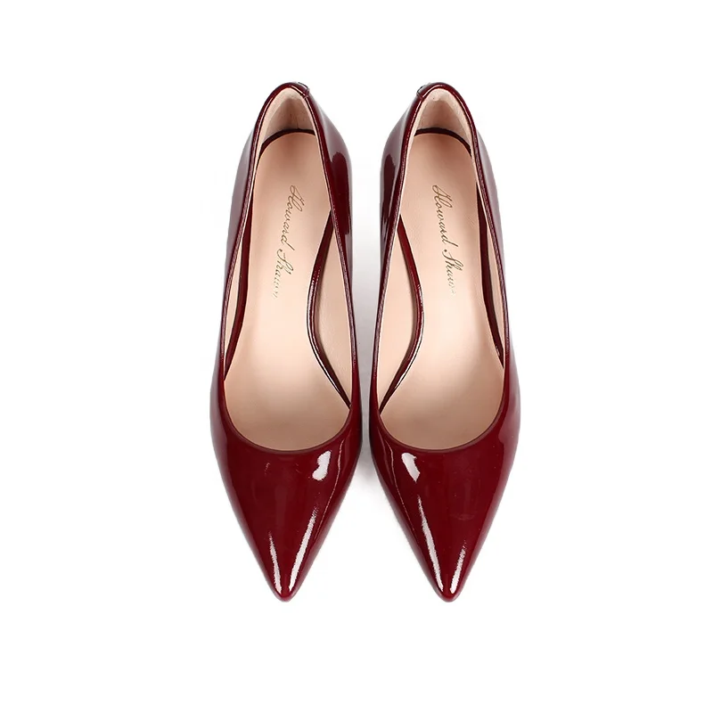 Recommend Nice Ladies Sexy Office Dress High Heel Women Pump Short Heel Burgundy Patent PU Pointed Toe Women High Heel Shoes