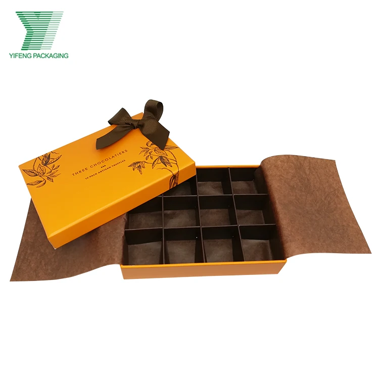 Wholesale rigid orange Paper Chocolate Bar bonbon Packaging Box Custom Design 12pcs Kraft Paper Packing Box For Chocolate