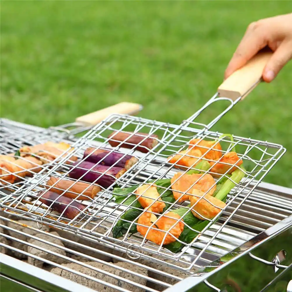 Wire BBQ Net Barbecue Grilling Basket BBQ Net Wooden Handle Meat Fish Clip Holder Durable Barbecue Supply Camp