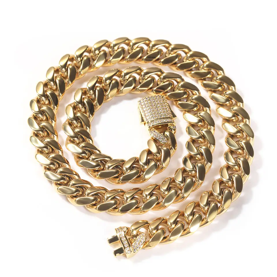 Stainless Steel 12mm Cuban Link Chain Gold Plated Cuban Necklace Hip Hop Spring Buckle Iced Out Zircon Rapper Chain