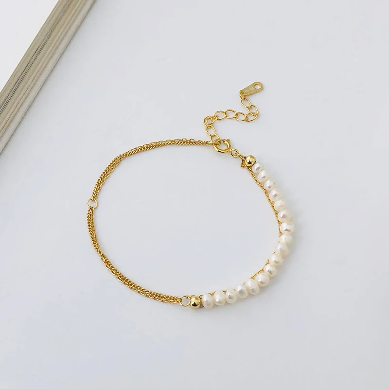 Sterling Silver 925 Double Chain Bracelet Gold Plated Pearl Bracelet Jewelry for Women