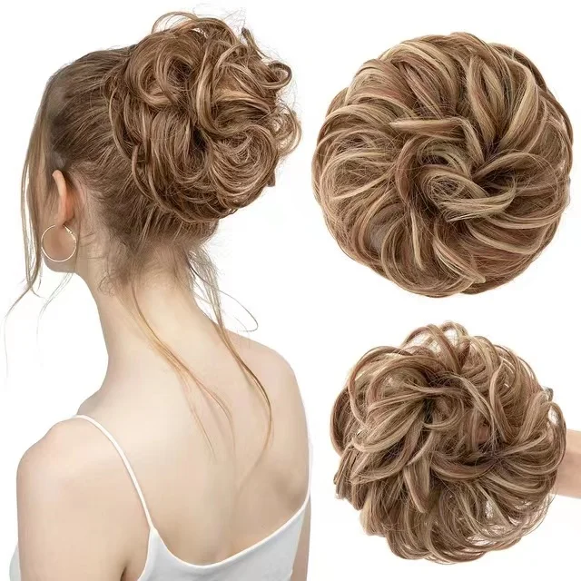 Synthetic Messy Bun Chignon Donut Gary Brown Color Hair Bun Pad Elastic Hair Rope Rubber Band Hair Extensions