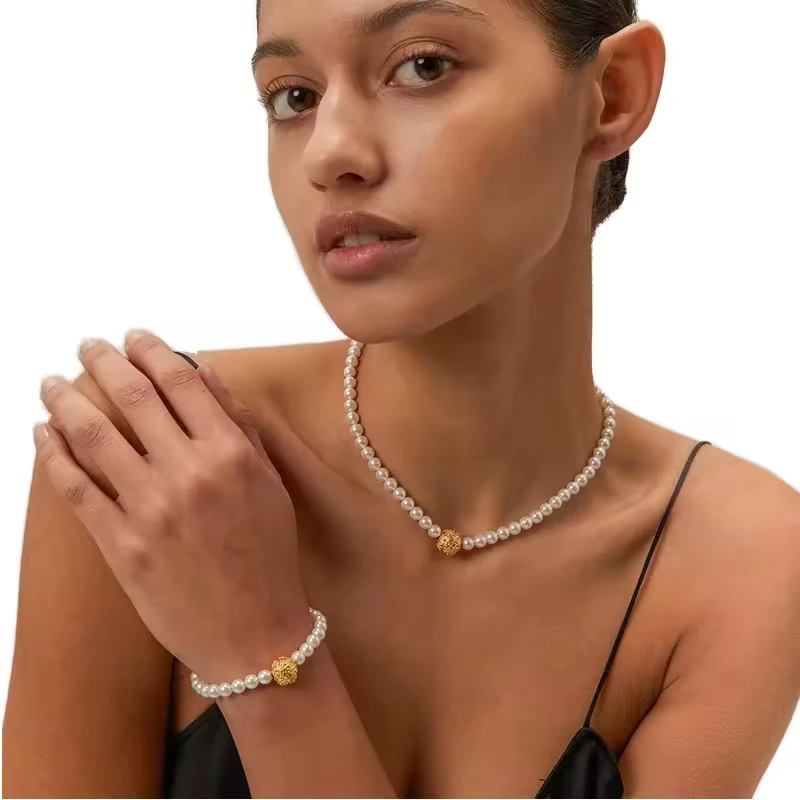 Jewelry New Trendy Elegant Hammer Relief Flower Ball Pearl Beads Choker Necklace Bracelet Sets Stainless Steel Fashion for Women