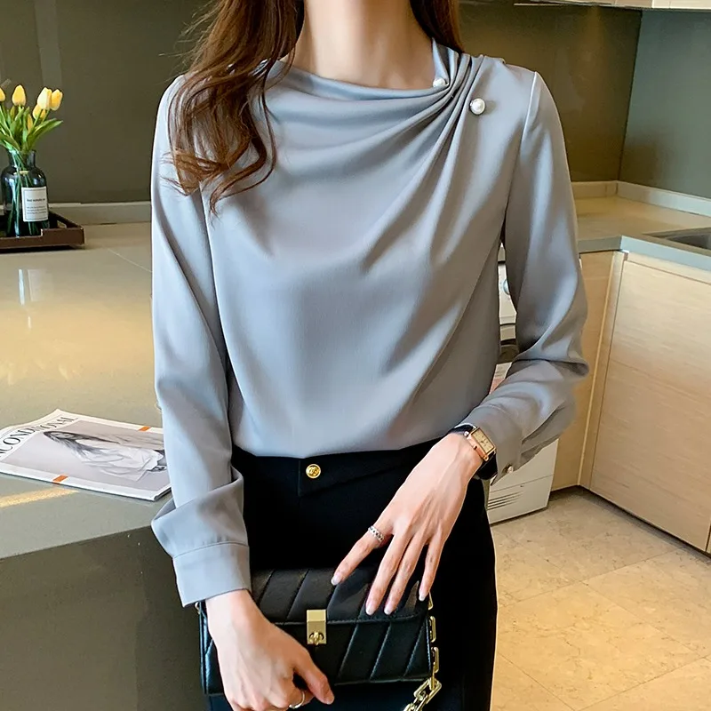 Summer Autumn Korean Design Retro Hong Kong Style Solid Long Sleeve Blouse Shirts with Beading 8360#
