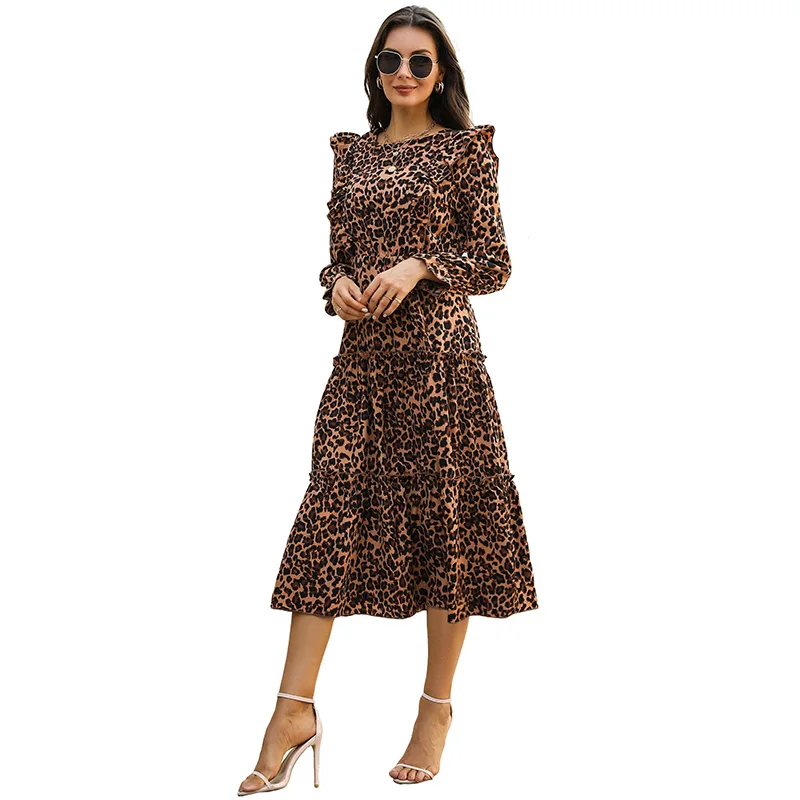 Trending Dress 2023 Midi Chic Ruffle Longsleeve Leopard Print Dress
