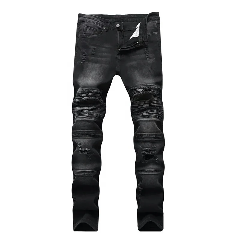 Men tie and dye washed slim stretch biker jeans casual ripped bleached dark blue denim pants for motorcycle