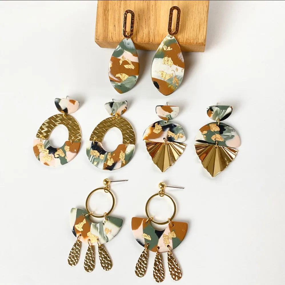 Fashion Metal Marble Polymer Clay Geometric Statement Earrings Jewelry for Women