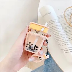 3D Cute Funny Quicksand Bubble Tea Strawberry Silicone Earphone Protective Cover With Finger Ring Case For Apple Airpods 2 1